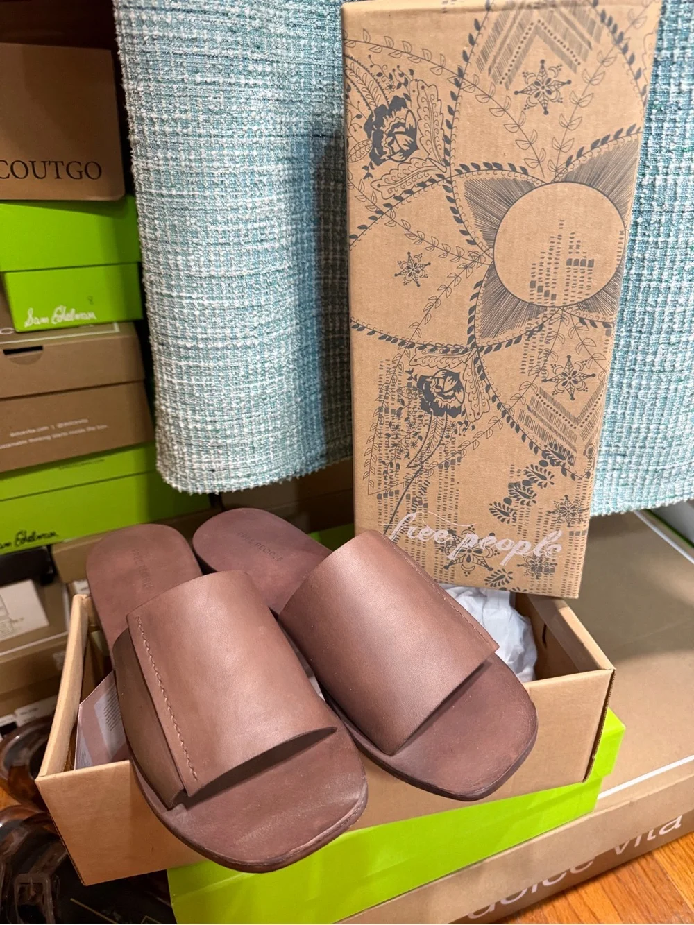 Free People Brown Leather Slide Sandals - Minimal Slide